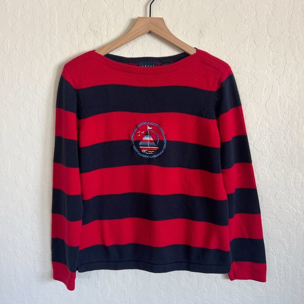 Vintage 90s Crazy Horse Rugby Stripe Sailboat Embroidered Sweater Large Petite